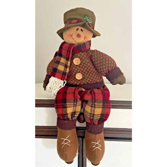 Unbranded Other - Rustic Brown, Red & Green Flannel Fabric Snowman Shelf Sitter, 19"H
